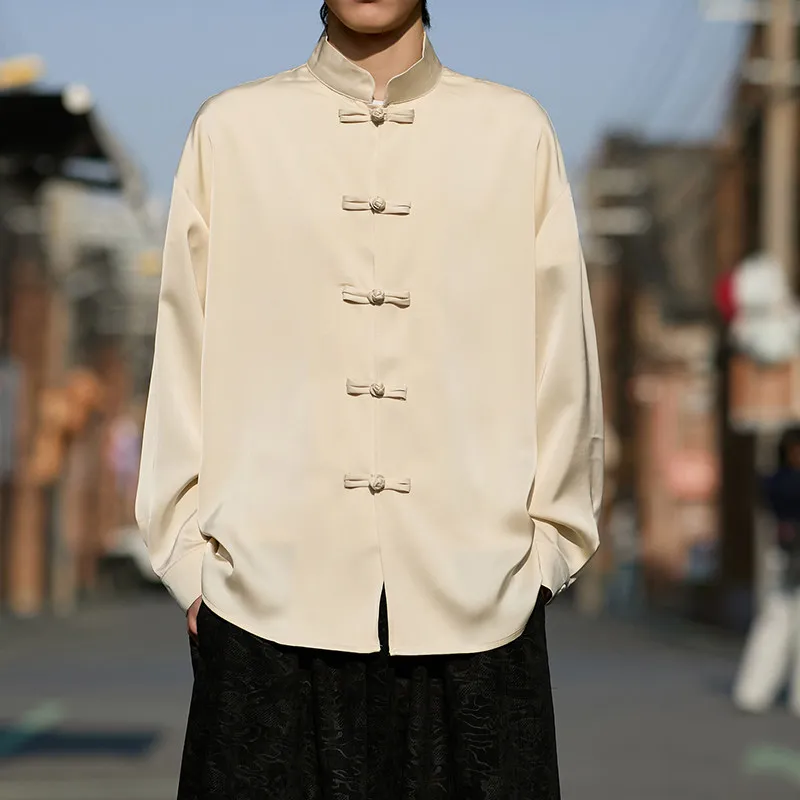 chemise-homme-col-mandarin-boutons-traditionnels-manches-longues-streetwear-coupe-ample-printemps-Ete-tissu-satin-melange