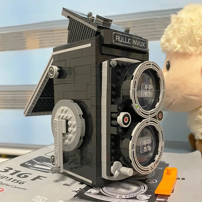 Modelo 3d diy mini blocos de tijolos construção retro digital slr câmera preto máquina de vídeo operado brinquedo para crianças