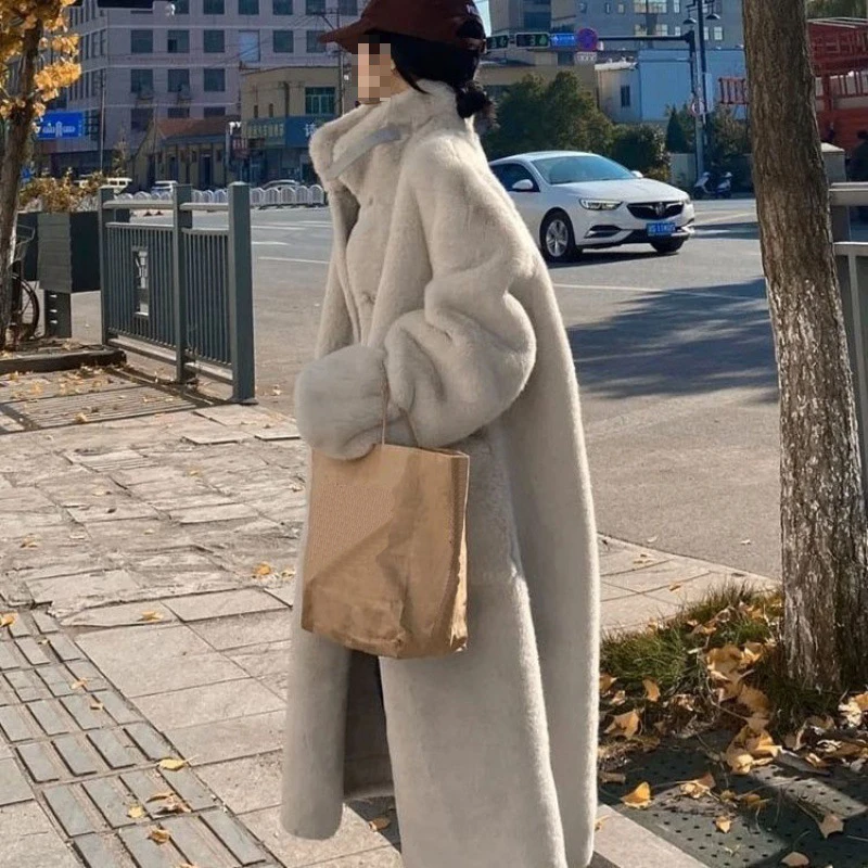 Thick Warm Long Mink Fur Coat Women 2023 Winter Stand Collar Single Breasted Furry Overcoat Elegant Lady Faux Fur Long Jacket