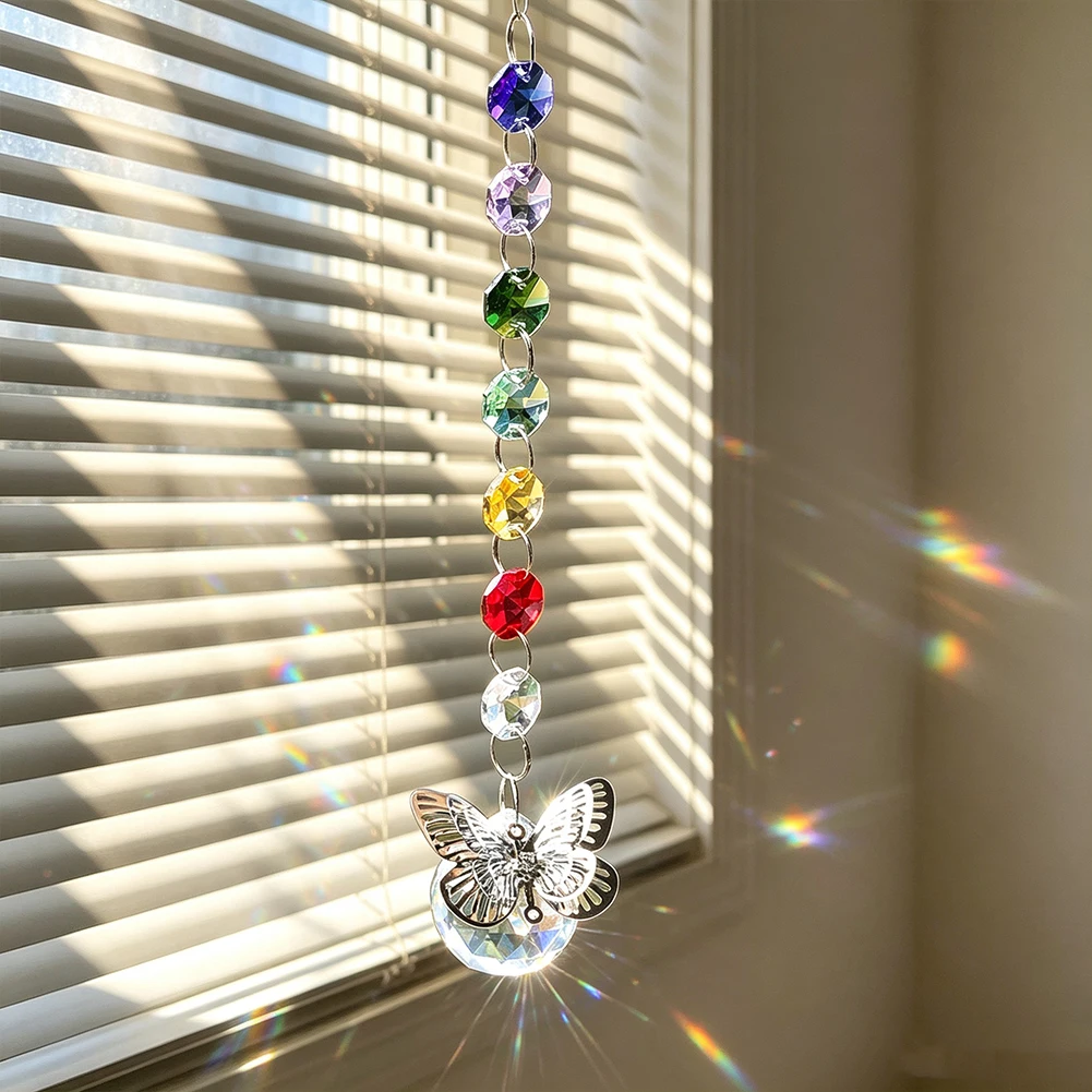 Butterfly Suncatchers Crystal Hanging Ornament with Clear Crystal Ball Chakra Rainbow Prism Bead Garden Window Decor Car Pendant