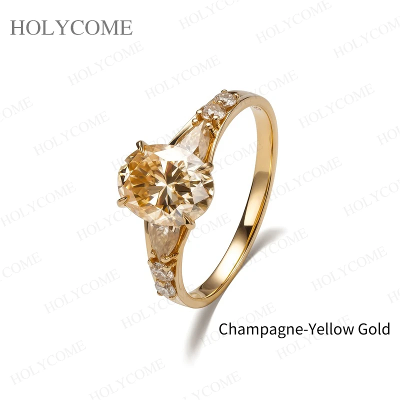 925 Sterling Silber 18K Vergoldeter Ring Moissanit Oval/Perlenförmig/Rund Geschliffen D-Farbe/Champagner VVS1 Jubiläumsgeschenk Feiner Schmuck für Sie – Detail 5