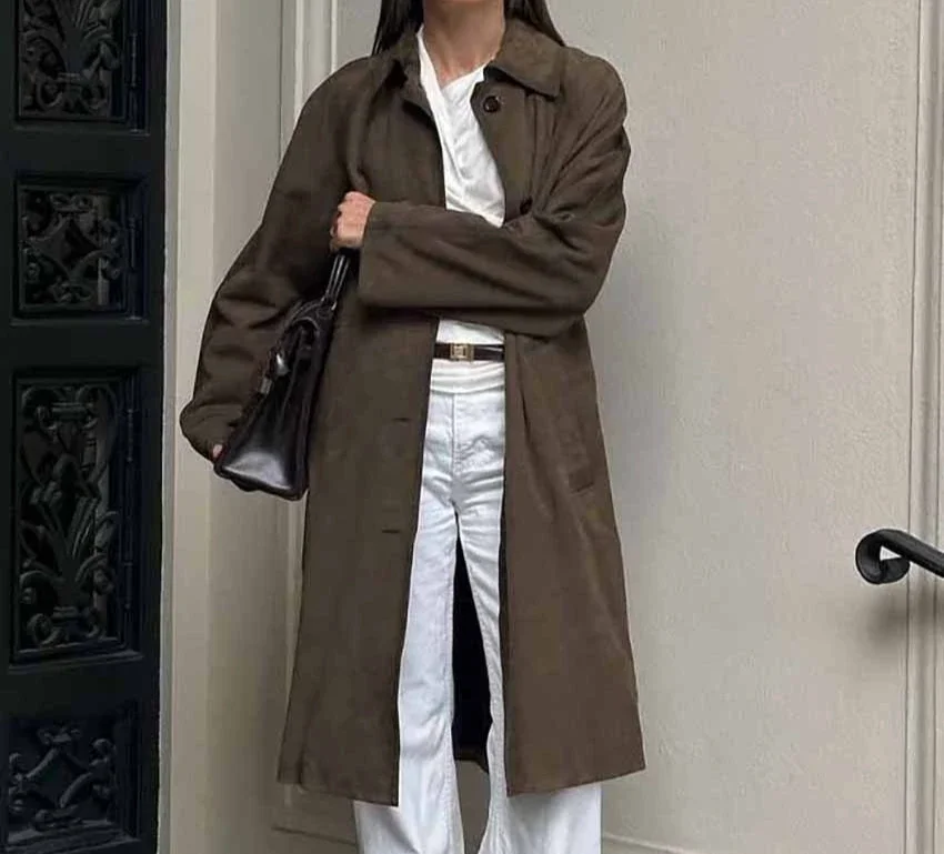 

2025 Autumn/winter Long Coat Women's Casual Versatile Retro Brown Long Sleeved Workwear Windbreaker