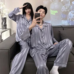 Couple Pajamas Sets Striped Print Pijama Faux Silk Satin Lapel Pyjama Female Sleepwear Long Sleeve Shirt Pants Suits Homewear