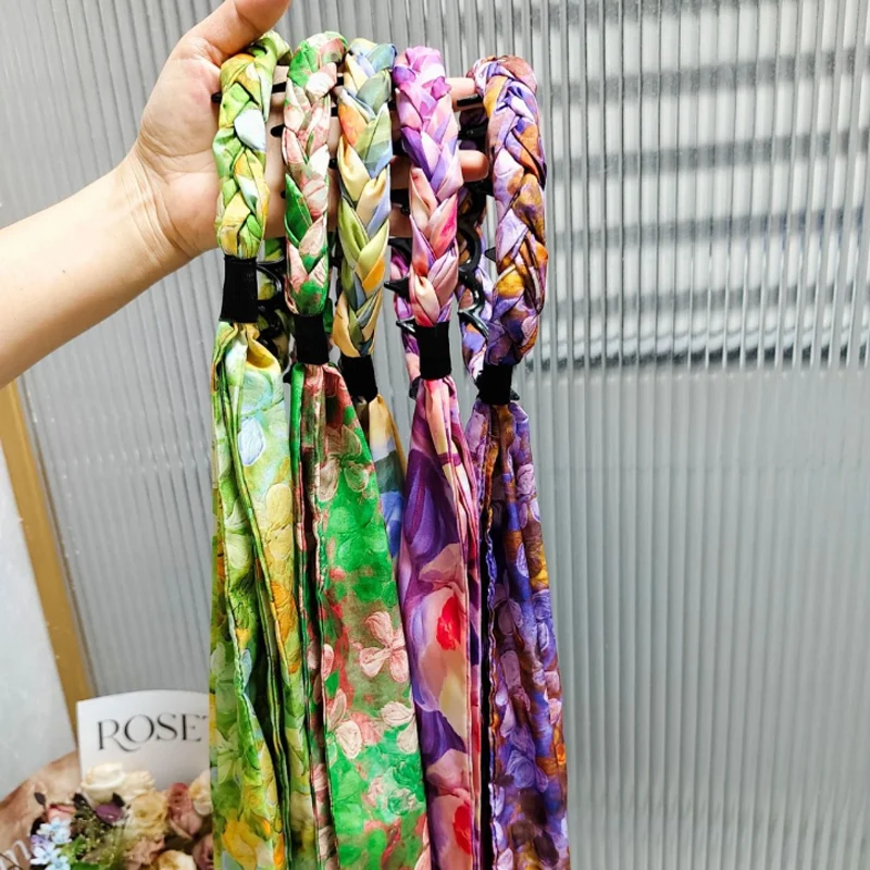 

Spring New Arrival Printed Chiffon Frilly Braid Headband Travel Ribbon Hair Accessories with Tassel Fresh Hair Clips Hairband