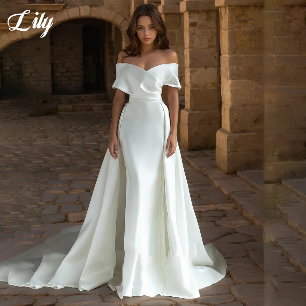 

Lily White Elegant Evening Dresses Off the Shoulder Backless Prom Dress Satin Mermaid Wedding Party Dress robe de bal Customized