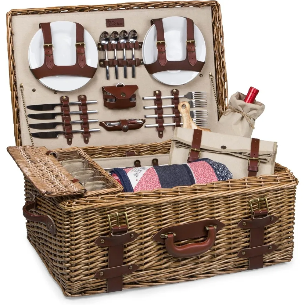 Charleston Luxury Wicker Picnic Basket for 4 with Blanket and Deluxe Set, Beige Canvas