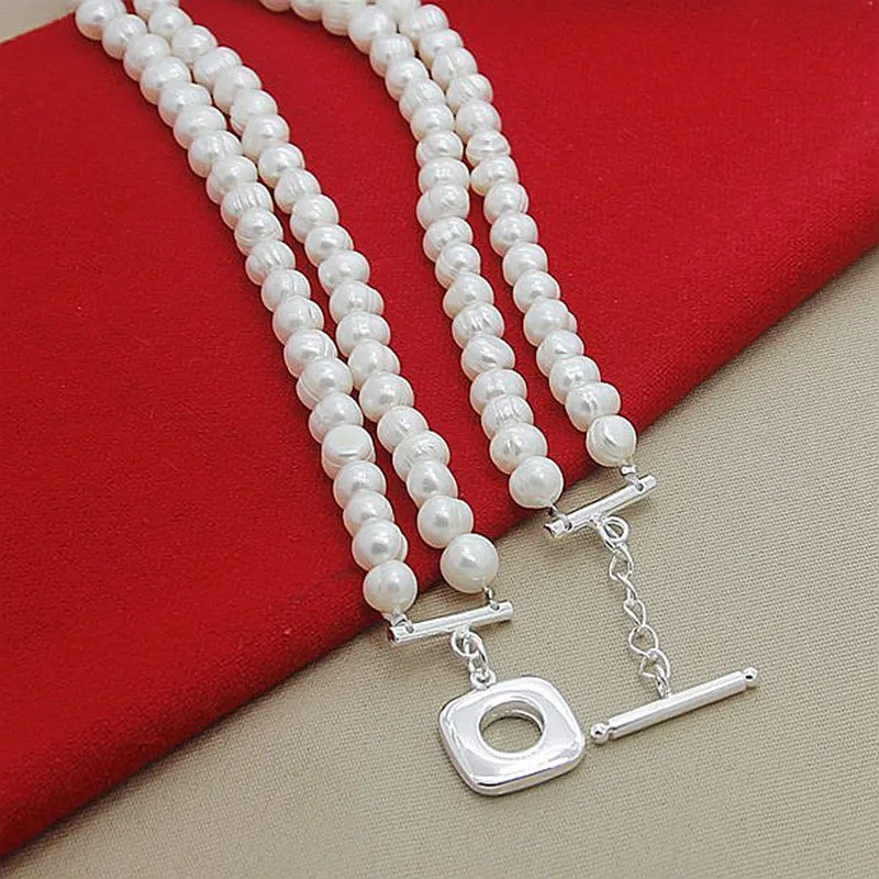 925 Sterling Silber Perlen-Doppelketten-Halskette für Damen, Modeschmuck, Retro, Anmutig, Edel, Party-Accessoires, Geschenk – Detail 4