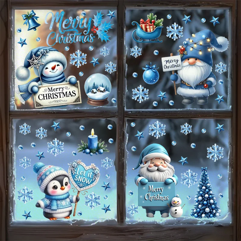 4pcs Christmas blue gnomes Themed Window Wall Sticker,suitable for cabinet, glass door, windows,wall decor,freely DIY combinable