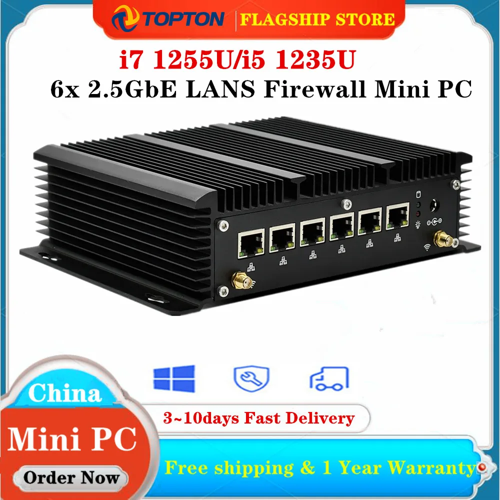 12th Gen Firewall Mini Computer Intel Core i7 1255U i5 1235U DDR5 Fanless Soft Router 6x 2.5GbE LAN 2*Rs232 AES-NI Proxmox PC