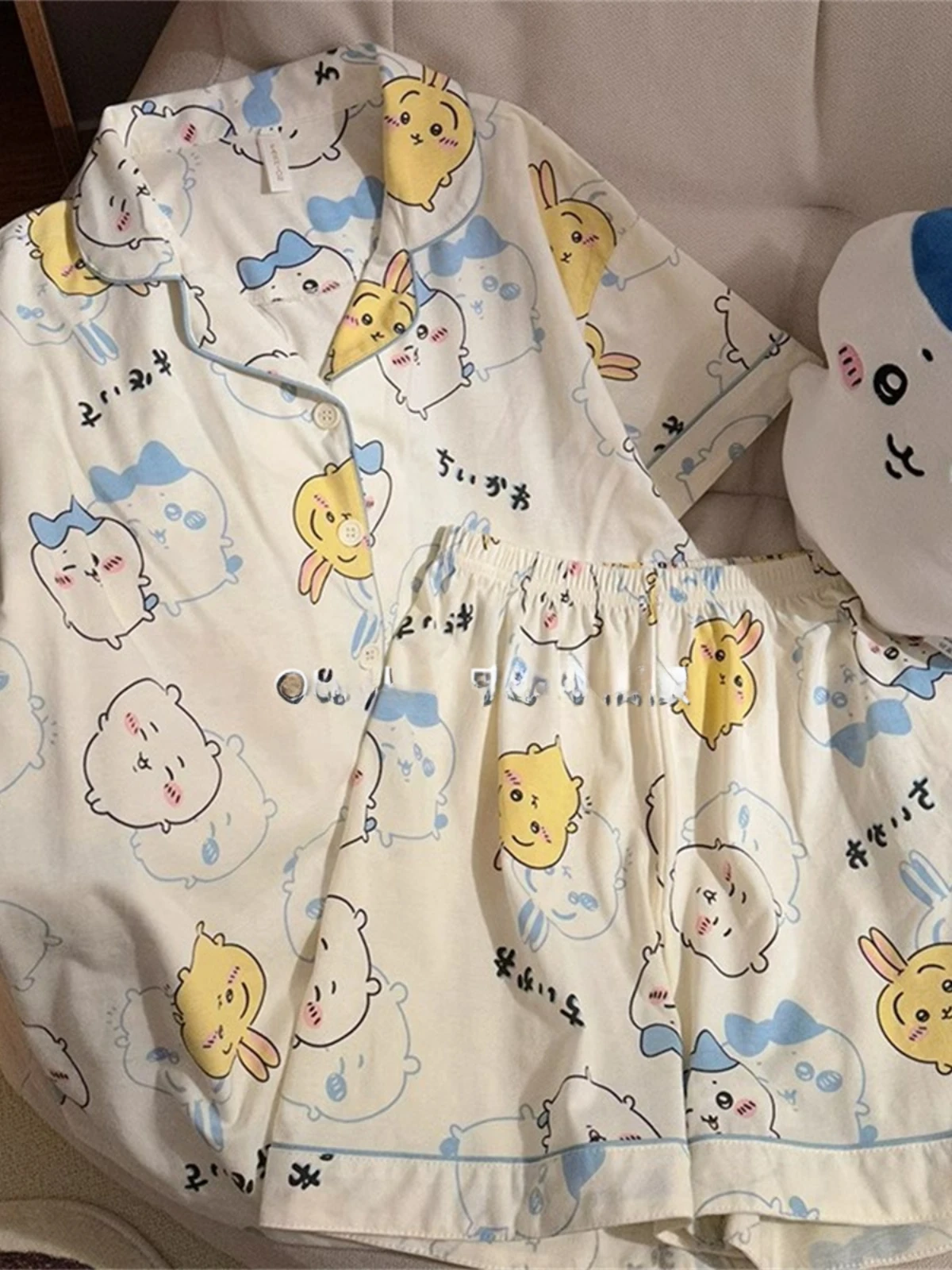 Anime Cartoon Chiikawa Pure Cotton Pajamas Summer Short Sleeved Pajama Sets for Women's Cute Printed Home Clothing Casual Wear