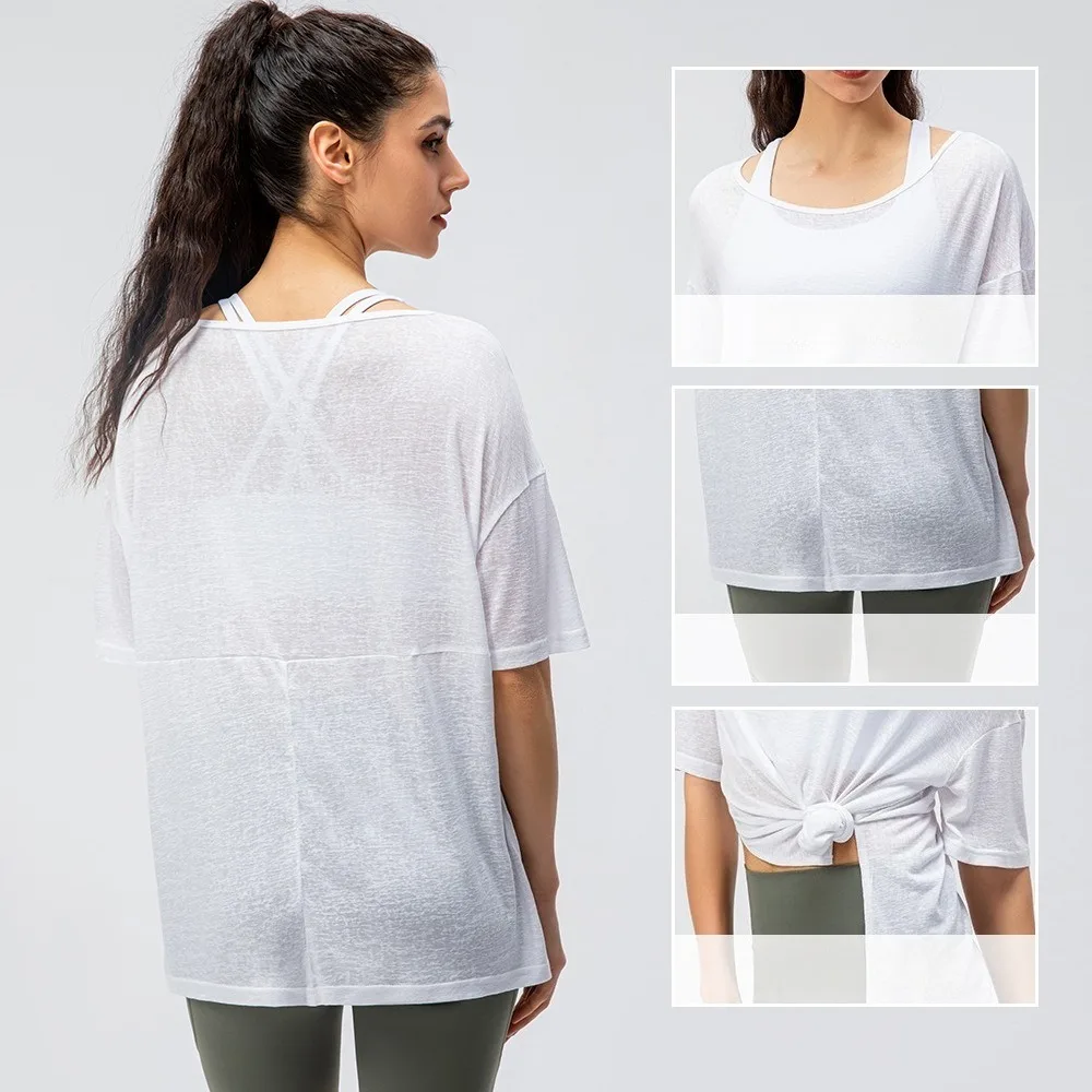 Women Lightweight Breathable Sports Cover Up Loose Short Sleeve Split Hem Quick Dry Yoga Tops