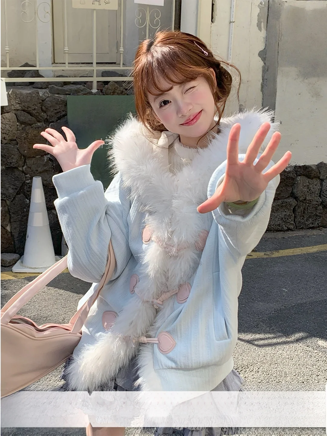 

Sinsingirl Spring Fre Pink Blue Knitted Splicing Loose Buttoned Coat Girl's Knitted Cardigan Long Sve Hooded Open Front