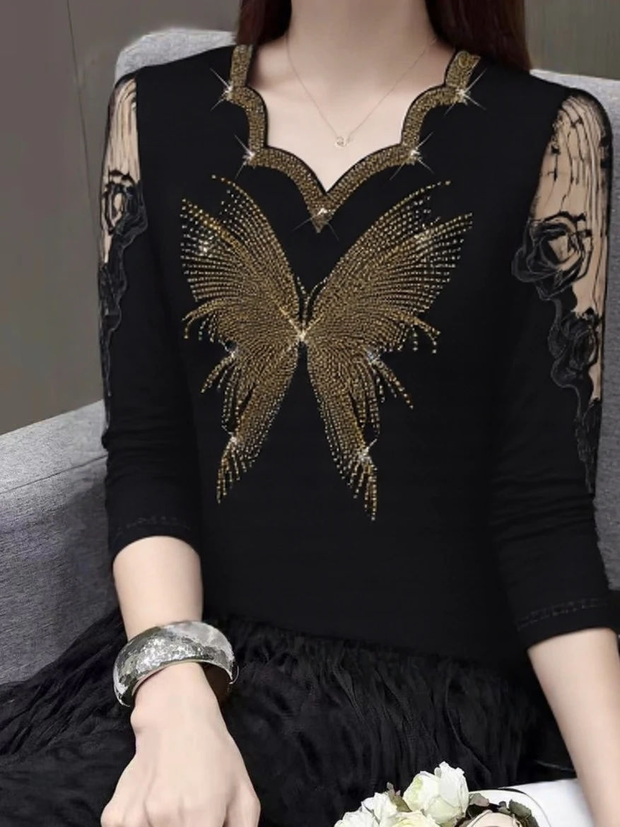 Faionable طويل Sve الدانتيل الحفر السيدات قاعدة irt التخسيس شخصية صغيرة أعلى المرأة T irt تخفيف Sle النسخة الكورية #2