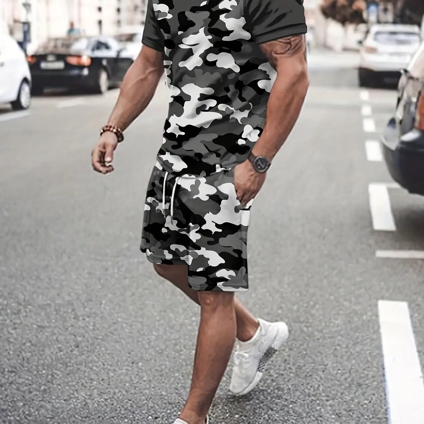 

2pcs Men'S Camouflage Casual Crew Neck Short Sleeve T-Shirt Drawstring Shorts Set Men'S Clothing Casual Vacation Sportswear Set