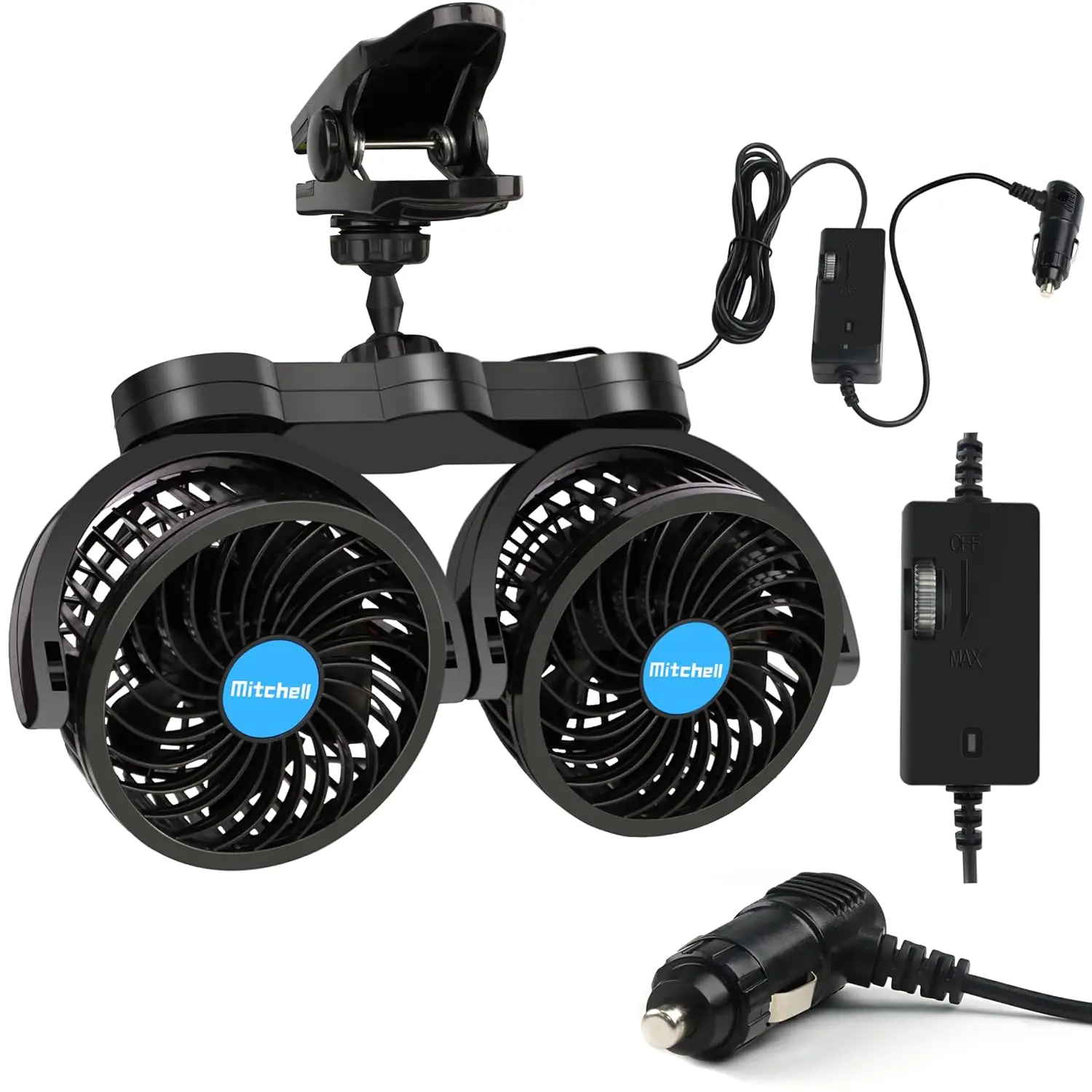 12V Car Fan, Adjustable 4 Inches Dual Head Car Clip Fan For Front/Rear Seat Passenger, 360° Rotatable Cars Fans With Step