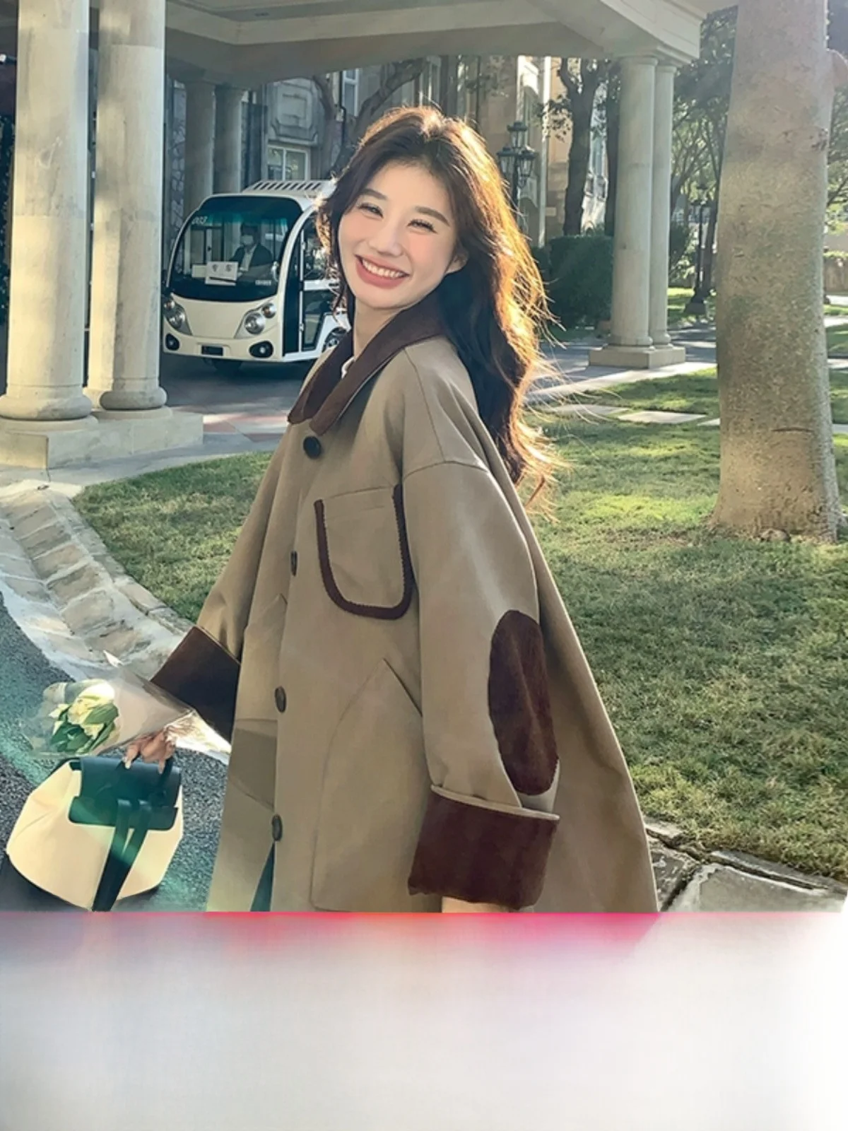 เสื้อโค้ทผู้หญิงผ้าลูกฟูกแบบต่อผ้า สไตล์ลำลอง ความยาวปานกลาง สำหรับฤดูใบไม้ผลิและฤดูใบไม้ร่วง แบบเกาหลี ปกเสื้อ กระดุมเดี่ยว แขนยาว