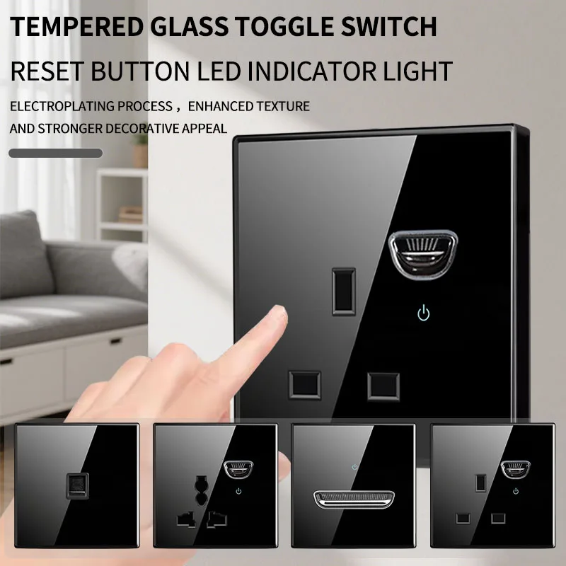 European Crystal Tempered Glass Switch Panel LED Indicator 1/2/3/4 Gang/1/2 Way Self-reset Switch Button Light Wall Switch