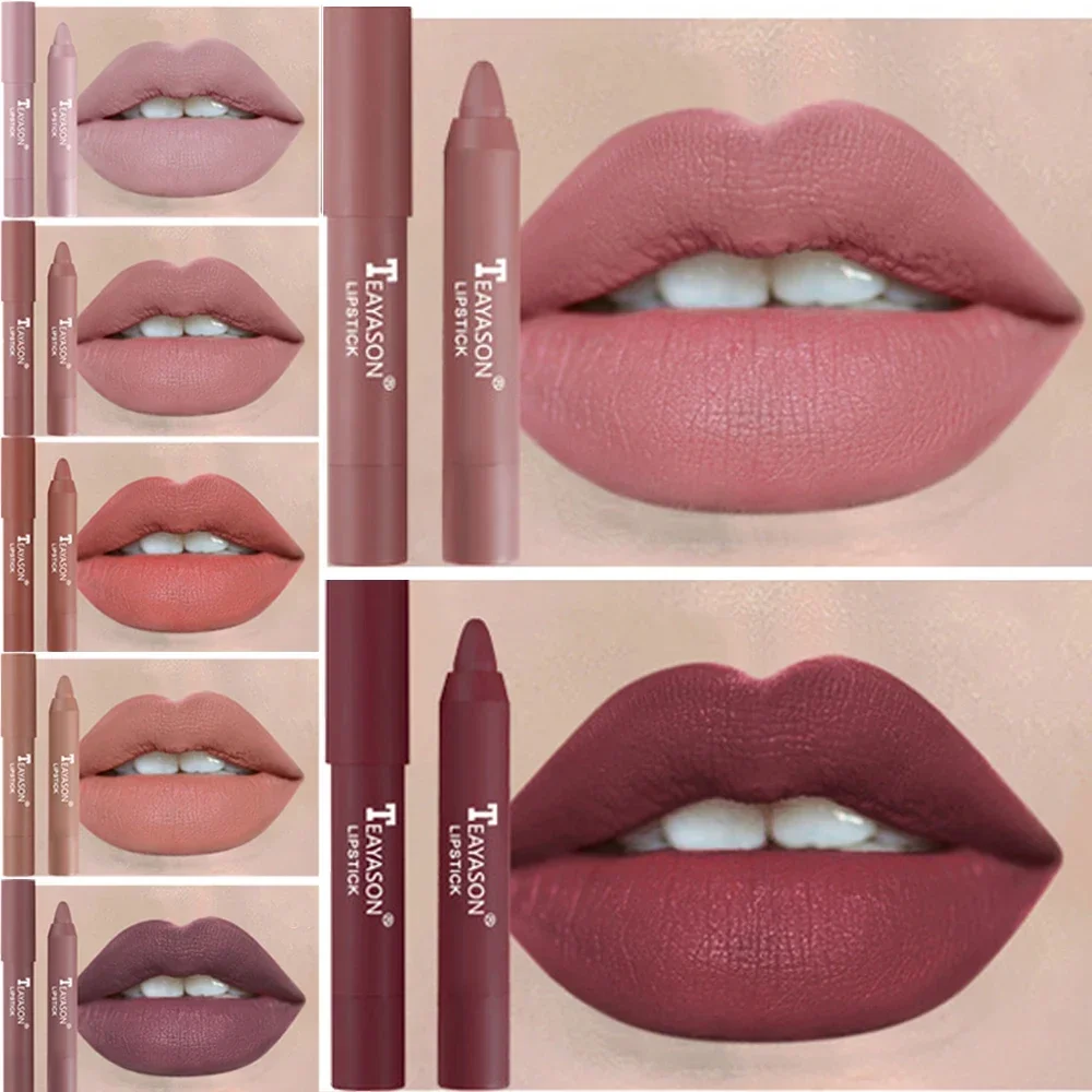 12Colors Natural Matte Lipstick Pencil Silk Lip Glaze Waterproof Lipstick Sexy Long Lasting Makeup Non-Stick Cup Lip Tint