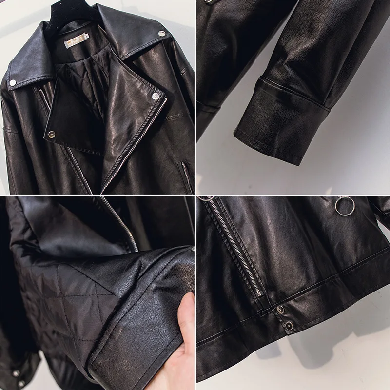 2023 Winter New Thick Leather Coat Women Mid Length Version Loose Large Size Slim Fit Versatile Hip Hop Female Leather Coat