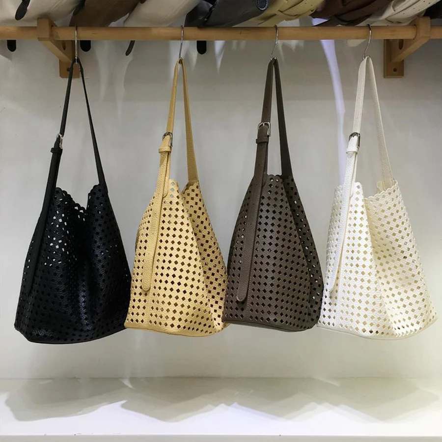 

Women's Hollow Woven Shoulder Bags Large Capacity Knitting Underarm Bag Solid Soft Leather Tote Handbag Summer Mesh Beach Bags