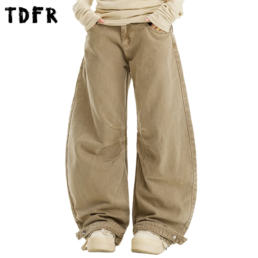

Spliced Cargo Banana Jeans Mens Pocket Retro Casual Washed Distressed Baggy Wide Leg Denim Pants Man Trousers