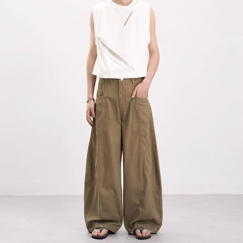 Brown Chic Loose Men's Casual Pants Design With Patchwork Side Pockets Loose Casual Wide Leg Workwear Curved Trousers