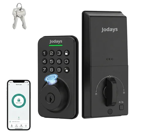 Jodays Smart Deadbolt Lock with Fingerprint & Keypad, Keyless Entry Door Lock with App Control, Temporary and One-Time Password, Auto Lock & Anti-Peep Passcode, Powered by 4pcs AA Alkaline Batteries (No Included), Easy Installation for Front Door