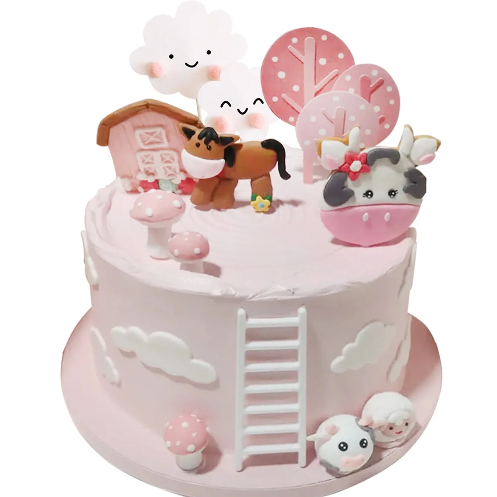 Happy Farm Animal Cake Topper Pink Cow Pig House Tree Toppers Kids Cake Children's Day Party Happy Birthday Party Decor Supplies