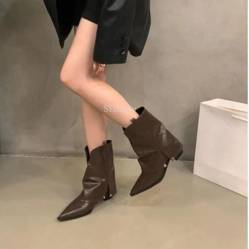 2024 New Spring Autumn Chunky Heel Pointed Toe Boots Short Boots Women\'s Shoes Brown Cowboy Boots Goth Shoes Ladies Shoes