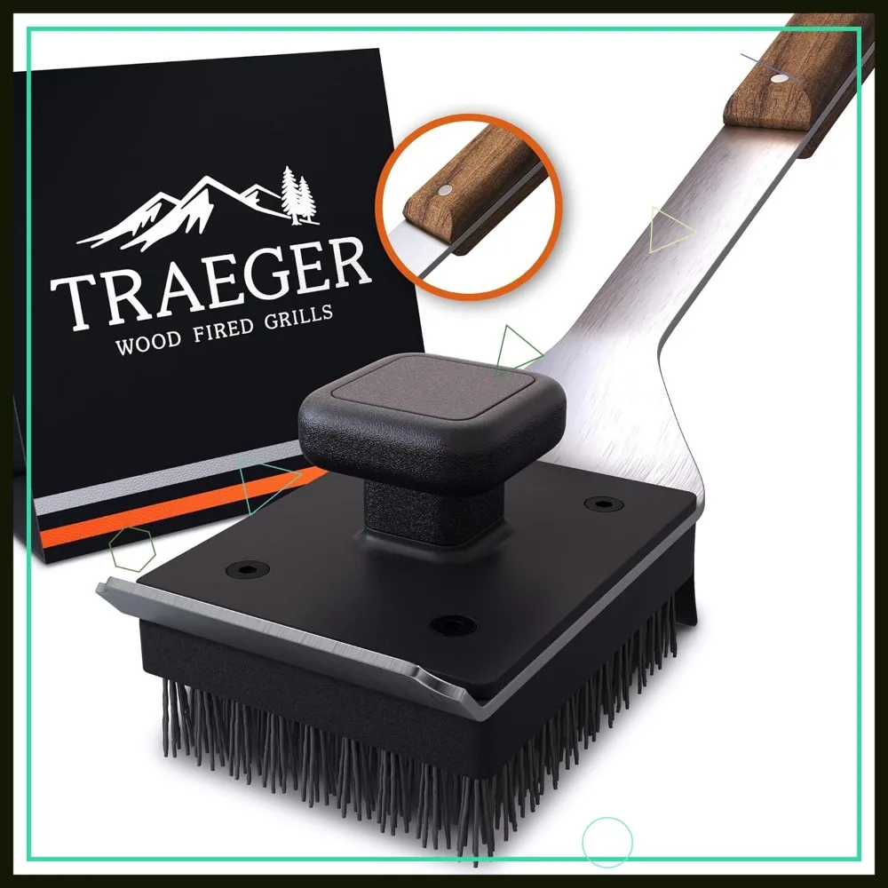 

Stainless Steel BBQ Grill Brush with Nylon Bristles, Teak Wood Handle, Dual Grip and Hanging Loop for Easy Cleaning