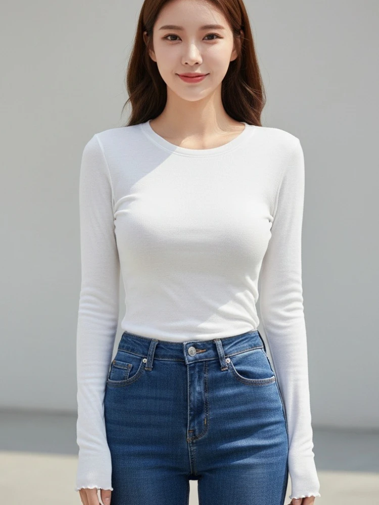 Damen Baumwoll-Elastik-Basic-T-Shirts Hochwertige Schlichte Slim-Fit Damen-T-Shirts Sommer-Tops Langarm Sexy Dünnes T-Shirt Durchsichtig