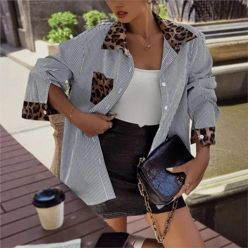 بلوزات الموضة الجديدة ليوبارد الربط فضفاضة عادية كم طويل بولو طوق قميص واحدة الصدر ركاب علوي فام الشارع الشهير