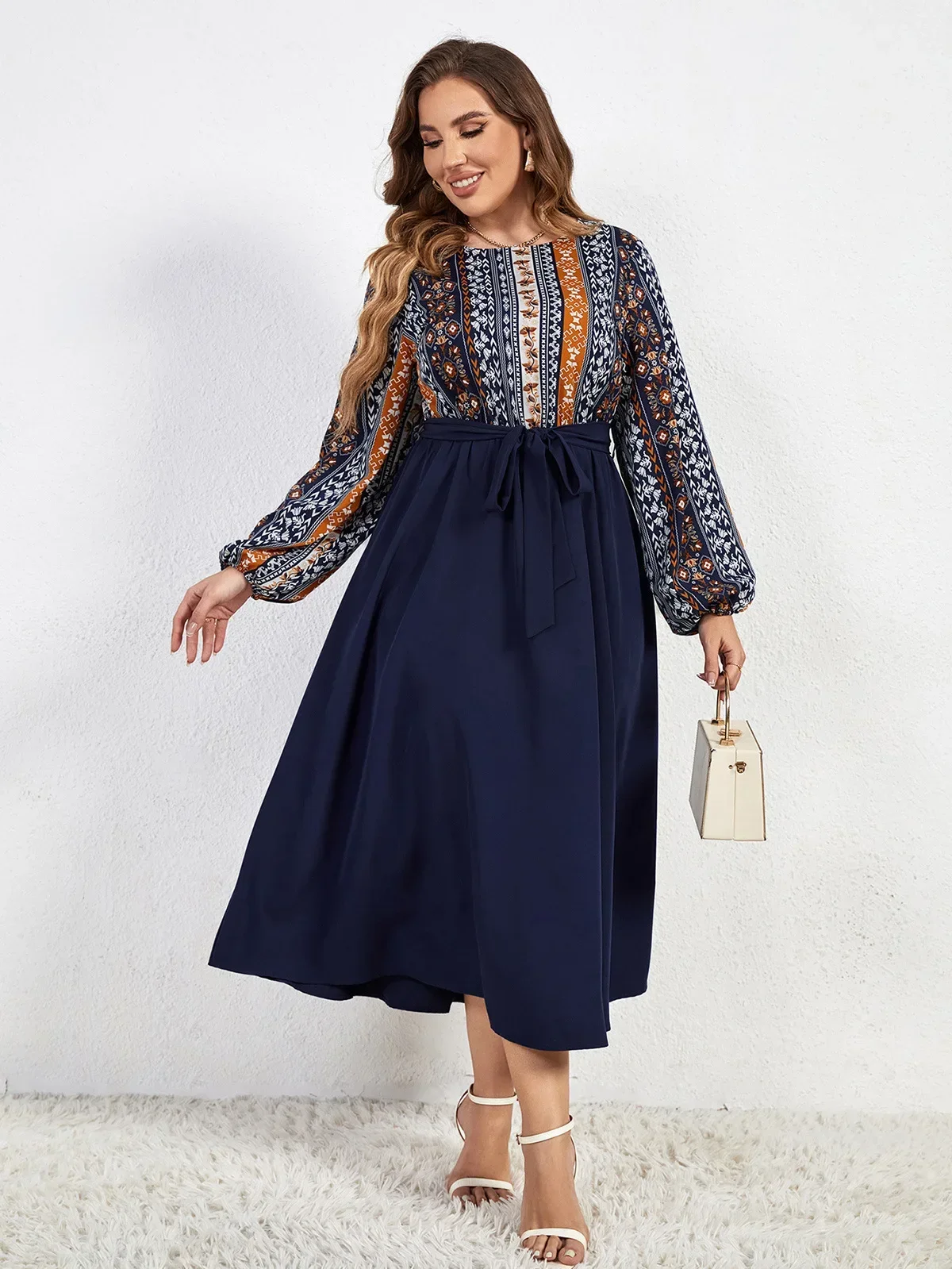 Womens Plus Size Dress Crew Neck Patchwork A-Line Color Block Long Latern Bishop Sleeves Robe Waist Belt Spring Fall Sundress