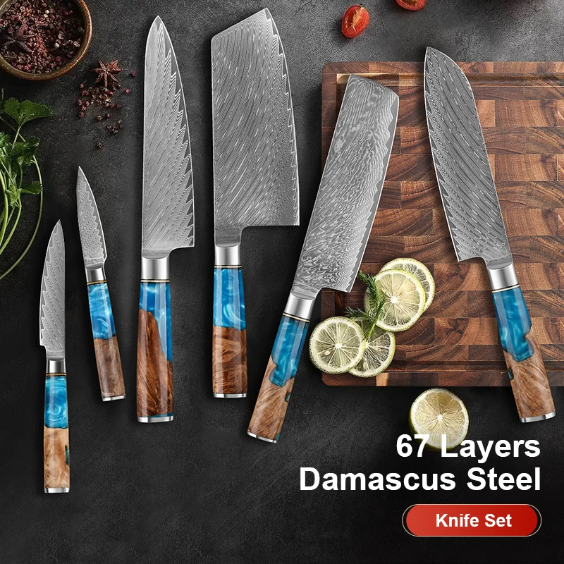 Hot Selling 1-6PC Chef Knife Damascus Steel Kitchen knife Japanese Santoku Knife Vegetable Knife Cooking tool Blue Resin Handle