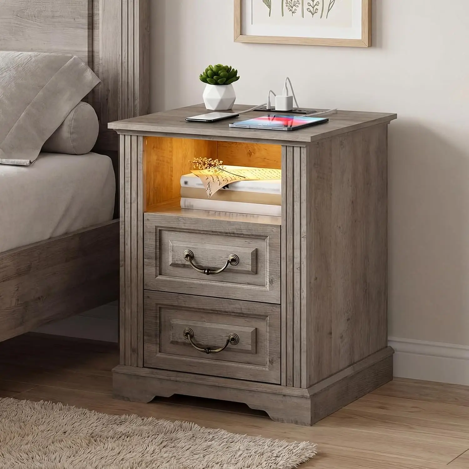 Farmhouse End Table 2 Drawers Nightstand Charging Station LED Lights Bedside Table Bedroom Living Room Greige, Customized