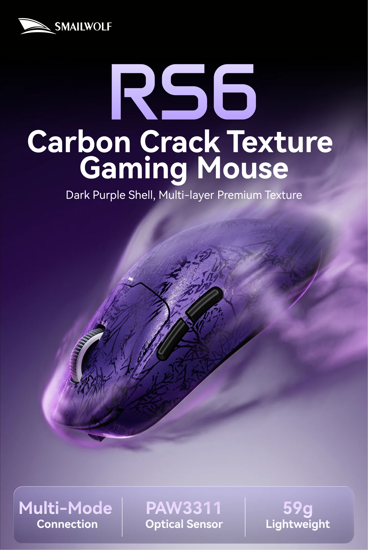 SMAILWOLF RS6 Bluetooth Gaming-Maus PAW3311 2.4G Kabellose E-Sport-Maus, Wiederaufladbar, Leicht, Ergonomisch – Detail 1