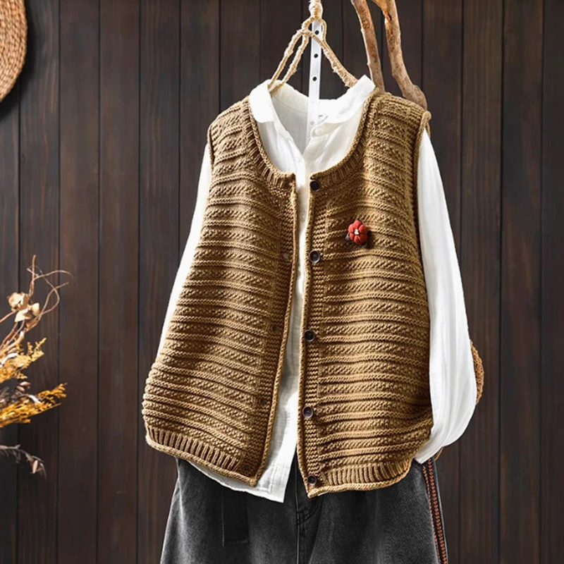 

Женский повседневный жилет, свитера, Новое поступление, осень 2022, винтажный стиль, с круглым вырезом, однотонные женские вязаные кардиганы без рукавов T786