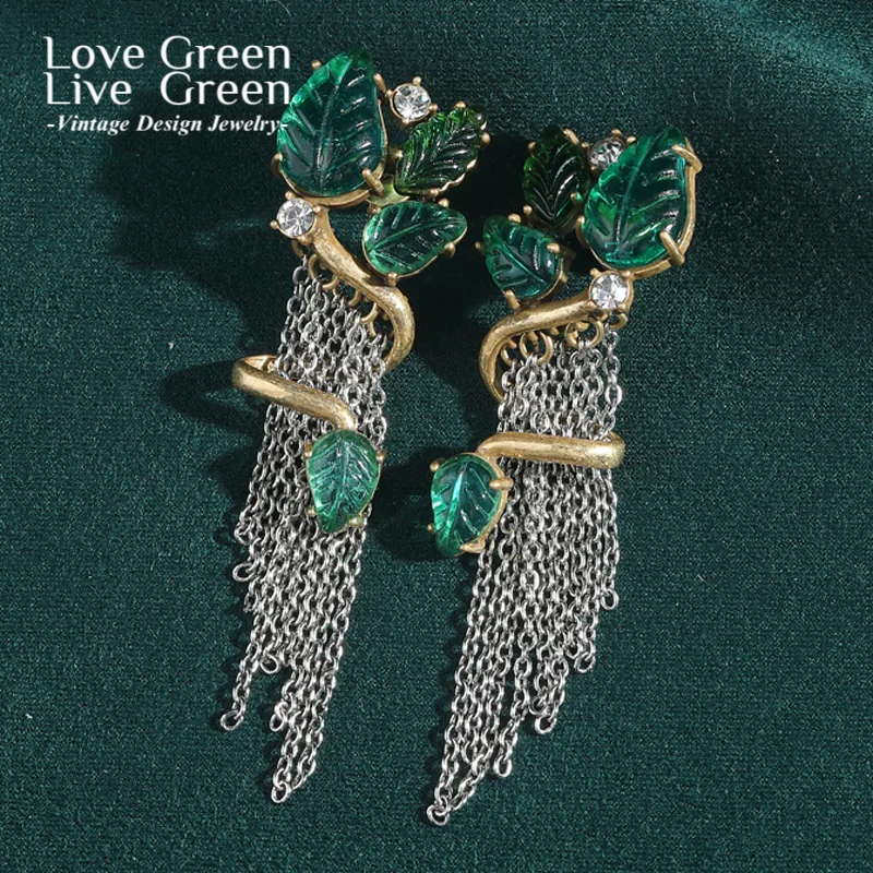 

Vintage Green Earrings Emerald Leaf Chain Tassel Drop For Woman Crystal Resin Gold Color Luxury Designer Jewelry Accessories