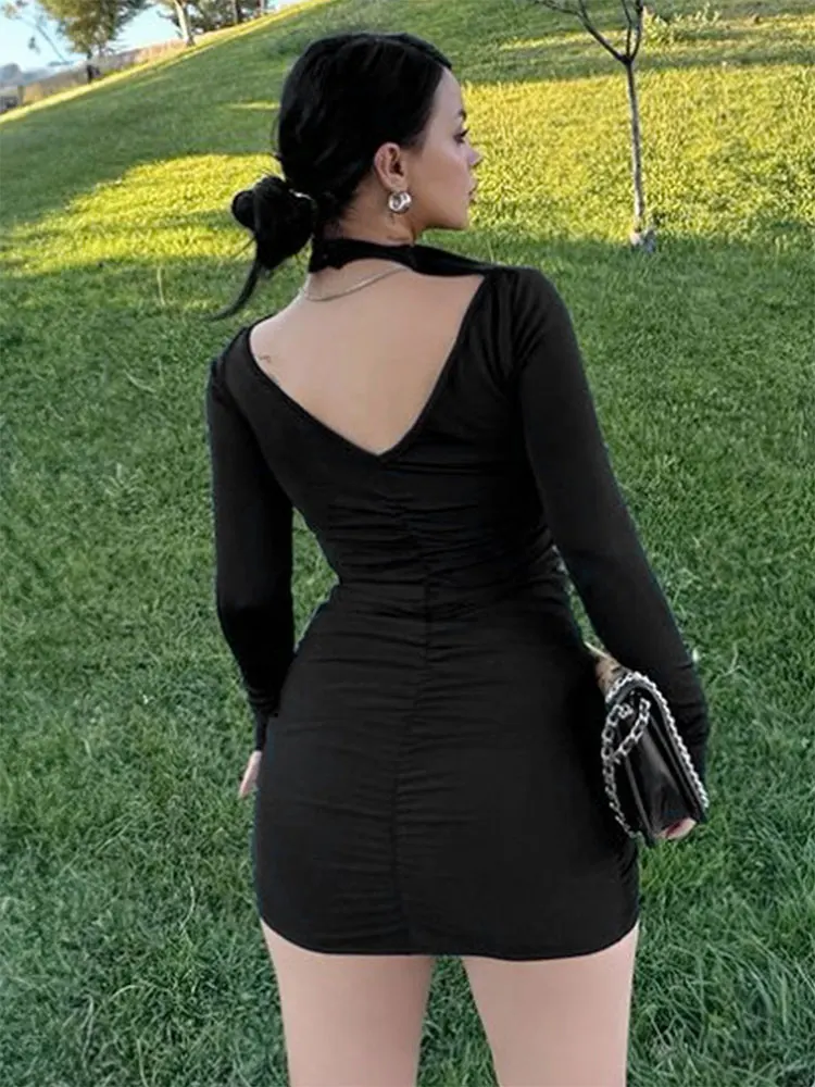 Nouvelles femmes robes automne mode manches longues col roulé robe noire Sexy évider dos nu moulante gaine élégante dame robe