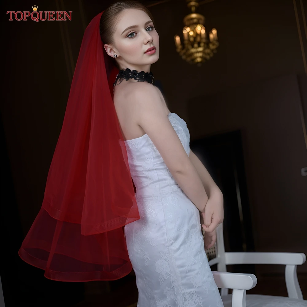 TOPQUEEN Red Romantic Bridal Veil Double Cover Face Refers To Long And Wide Fishbone Edge Red Veil Wedding Accessories v69