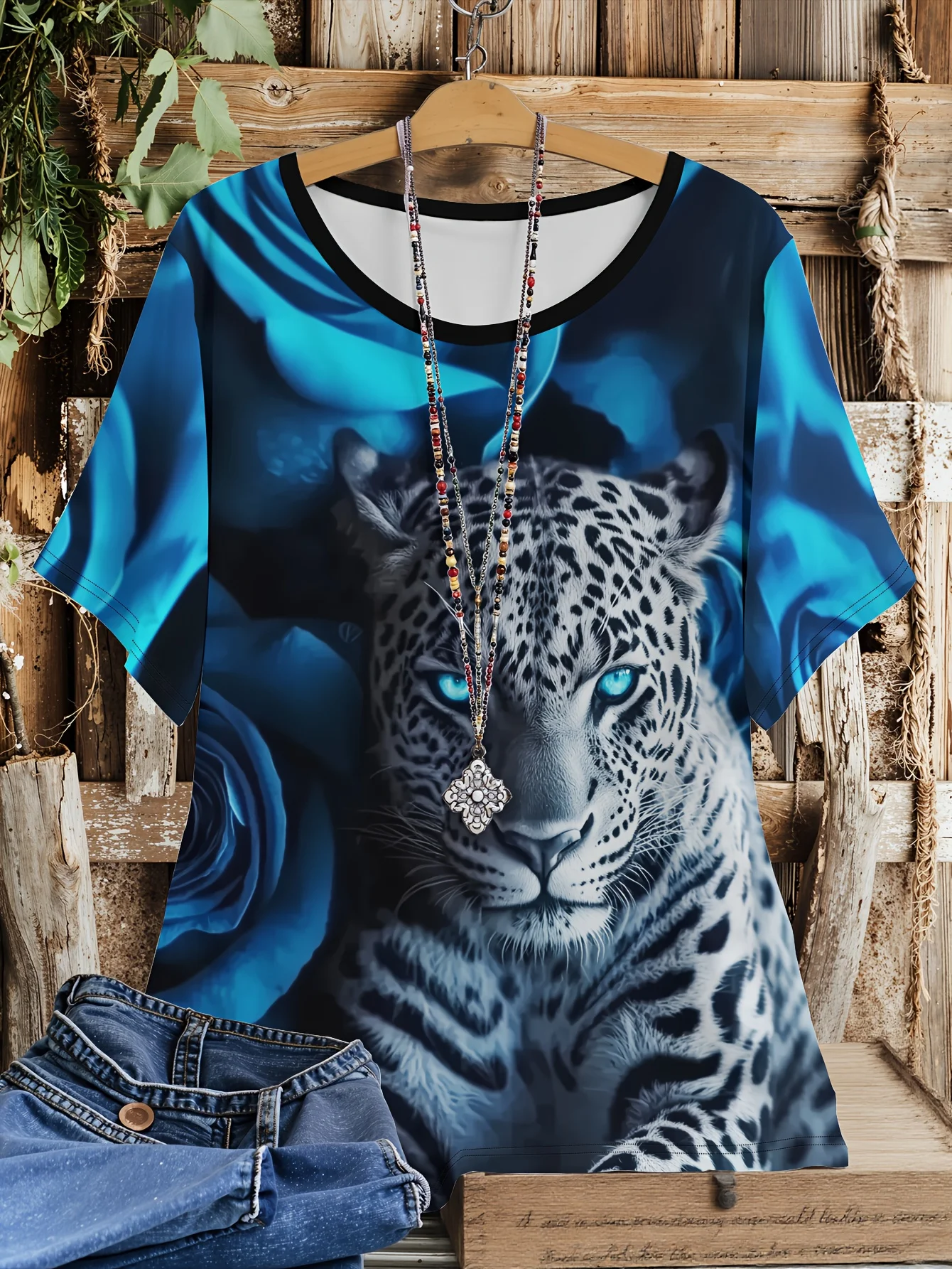 

2025 Summer New Plus Size Women Leopard Print Blue Rose Women Sports and Leisure T-shirt Quick Drying Breathable and Comfortable