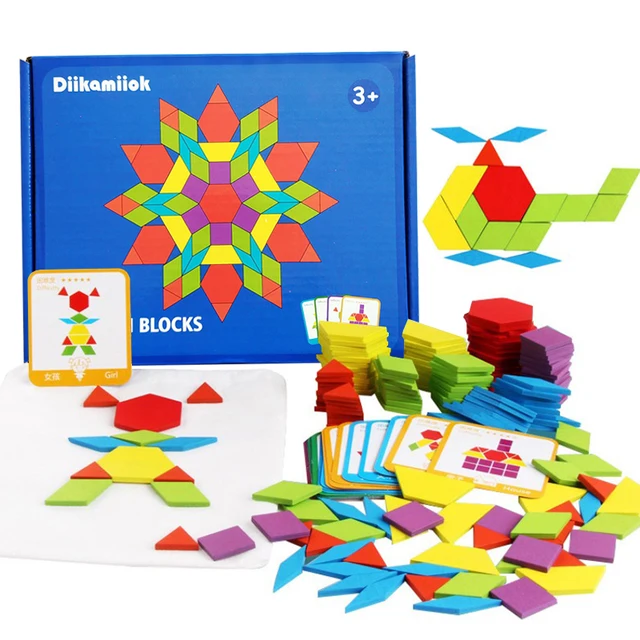 155 sztuk zestaw drewniane bloki wzorów kształt geometryczny Puzzle dla dzieci edukacyjne Montessori Tangram zabawki dla dzieci z 24 szt. kartą