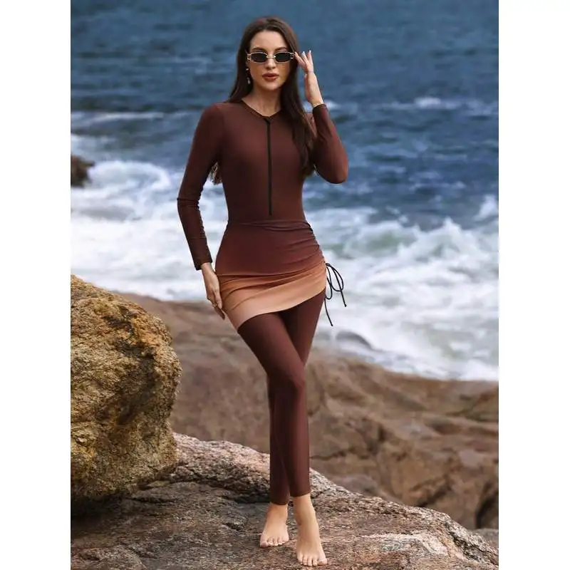JEWELRY SEN Women Modest Burkini Swimsuit Long Sleeve Front Zip Gradient Wrap Skirt Full Coverage Muslim Beach Suit Swimwear