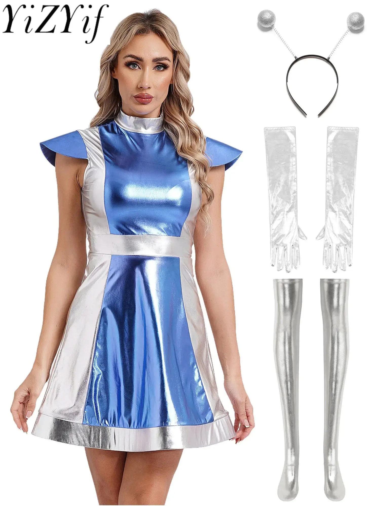 

Womens Space Alien Costume Halloween Role Play Astronaut Outfit Adult Metallic Space Fighter Dance Dress Long Gloves Stockings