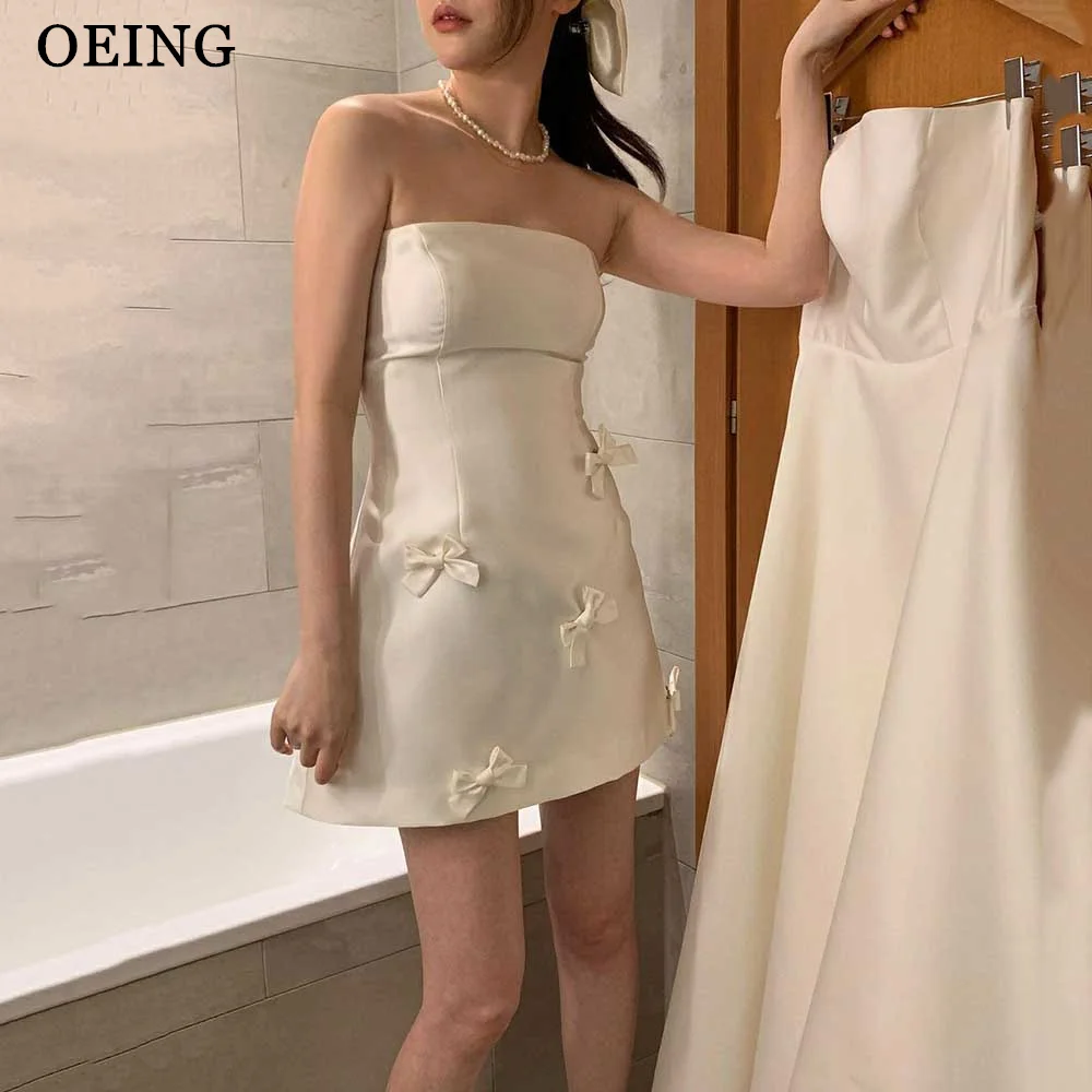 OEING Simple Mini Korea Wedding Dress White Satin Bows Photoshoot Short Bridal Gown A-line Evening Party Prom Dresses 2024