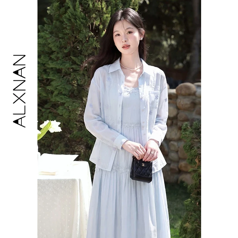 

ALXNAN Blue Shirt Embroidered Lapel Casual Loose-fit Summer Sun Protection Long Sleeve Shirts Fashion Blouses Ladies DYL662741-1