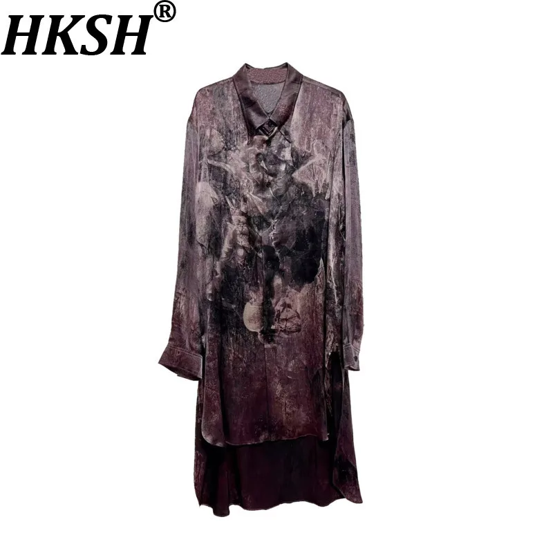 

HKSH Spring Autumn New Man Tide Punk Japanese Yamamoto Dark Style Oil Painted Asymmetric Cut Silk Shirt Chic Ins Fashion HK12657