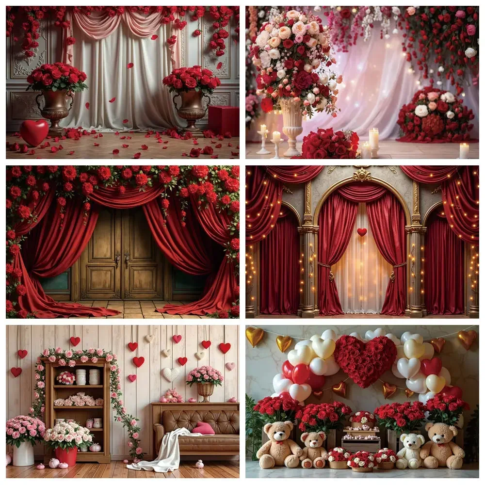 MOON.QG Love Valentine's Day Background Photography Curtain Flowers Pink Cabin Photozone Backdrop Couple Anniversary Photobooth