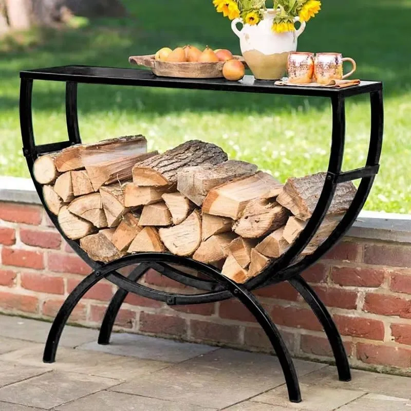 European Wrought Iron Floor to Ceiling Firewood Rack Multifunctional Outdoor Wood Storage Shelf Entrance Table