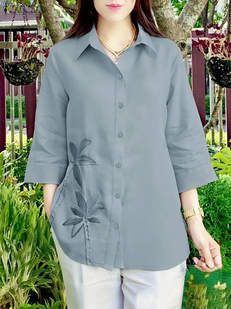 Koszule Vintage ZANZEA Jesienna Bluzka z Kwiatowym Haftem Damska Dekolt V Rękaw 3/4 Koszula Codzienna Zapinana na Guziki Bluzki Damskie Bluzki do Pracy